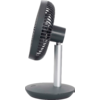 Vue latérale d'un ventilateur de table avec base ronde, colonne cylindrique et tête ronde munie d'une grille de protection