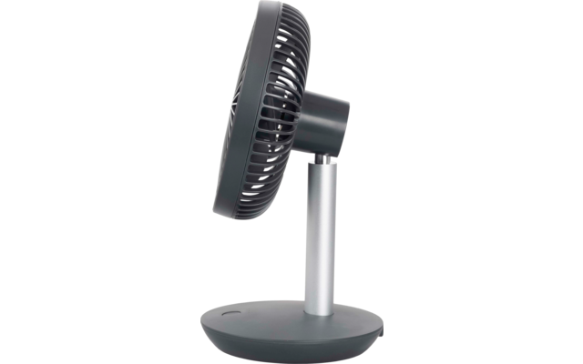 Vue latérale d'un ventilateur de table avec base ronde, colonne cylindrique et tête ronde munie d'une grille de protection