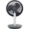 Ventilateur de bureau gris avec grille circulaire, trois pales, tige argentée et base ronde avec un port