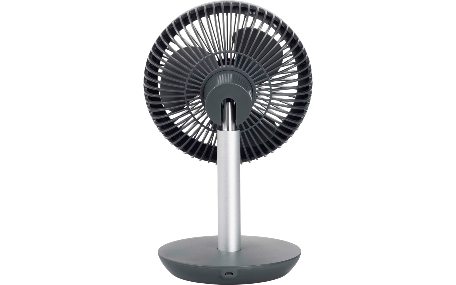 Ventilateur de bureau gris avec grille circulaire, trois pales, tige argentée et base ronde avec un port