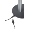 Base ronde foncée avec une tige métallique verticale argentée ; un câble USB noir est branché dans la base, le connecteur USB-A repose à côté, débranché