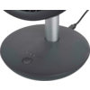 Base ronde gris foncé avec un bouton circulaire, quatre petits voyants LED, une tige cylindrique argentée et un câble noir branché
