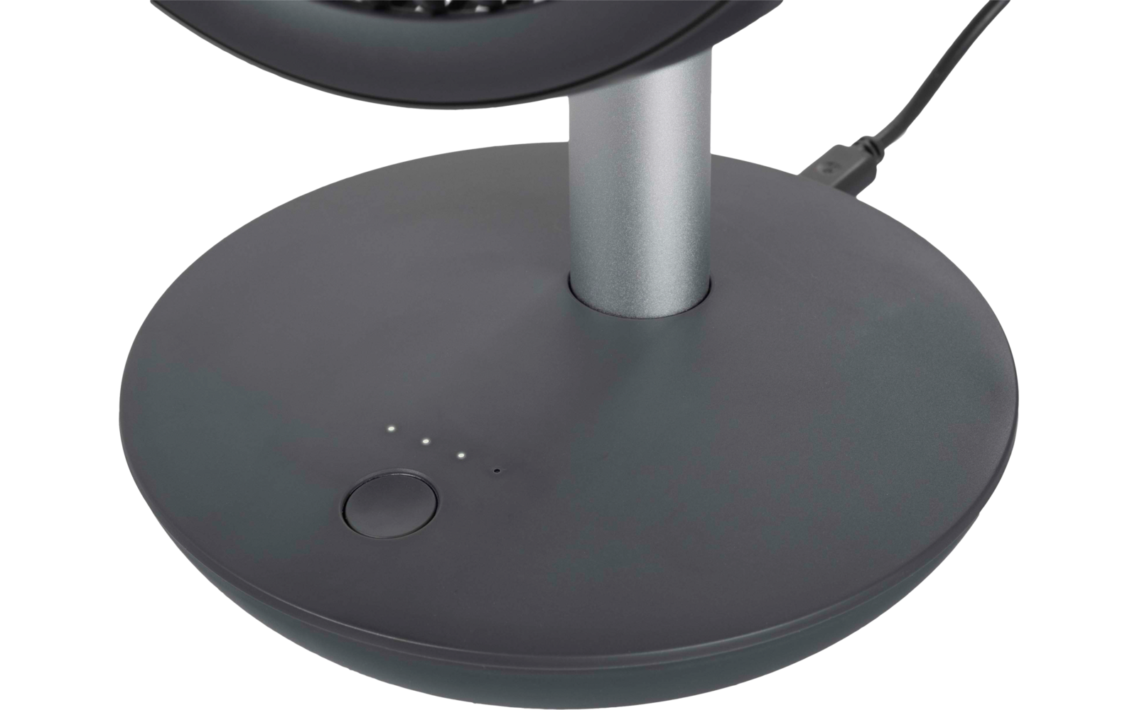 Base ronde gris foncé avec un bouton circulaire, quatre petits voyants LED, une tige cylindrique argentée et un câble noir branché