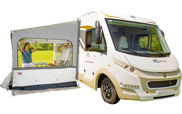 Weißes Wohnmobil mit angebrachtem Vorzelt auf einer grünen Wiese, eine stehende Person im Vorzelt, Bäume und blauer Himmel im Hintergrund