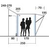 Disegno schematico in bianco e nero di una struttura rettangolare con tre sagome umane nere (due in piedi, una portata da una persona in piedi), due bande verticali blu ai lati, a destra una zona triangolare con una linea obliqua, a sinistra un cavo con spina e un piccolo dispositivo, linea del suolo e indicazioni delle misure: 240–270, 205, 70, 195, 80, 170, 250