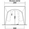 Vista frontale schematica: contorno ad arco all'interno di una cornice rettangolare con la scritta 'Access zone' e '280' in alto; linea verticale tratteggiata al centro con '195'; due icone di cerniera (interno sinistro e centro inferiore); linea di base con '260' sotto