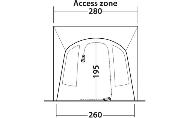 Vista frontale schematica: contorno ad arco all'interno di una cornice rettangolare con la scritta 'Access zone' e '280' in alto; linea verticale tratteggiata al centro con '195'; due icone di cerniera (interno sinistro e centro inferiore); linea di base con '260' sotto