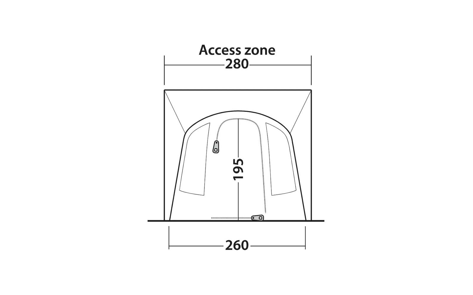 Vista frontale schematica: contorno ad arco all'interno di una cornice rettangolare con la scritta 'Access zone' e '280' in alto; linea verticale tratteggiata al centro con '195'; due icone di cerniera (interno sinistro e centro inferiore); linea di base con '260' sotto