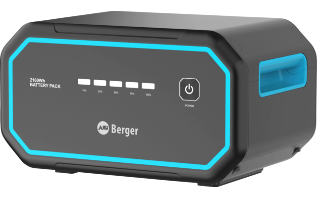 Gray rectangular battery pack with light blue outline, side carry handle, five LED charge bars, text '2160Wh BATTERY PACK', Berger logo, and power button labeled 'POWER'