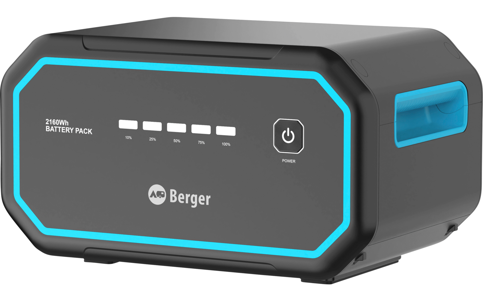 Gray rectangular battery pack with light blue outline, side carry handle, five LED charge bars, text '2160Wh BATTERY PACK', Berger logo, and power button labeled 'POWER'