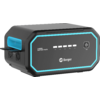 Black rectangular device with cyan-blue trim, LED indicators, power button, two side outlets and 'Berger' logo