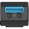 Black rectangular device with recessed blue handle at top, two round connector covers side by side, and the label 'EXTRA BATTERY PORT' with the letters 'A' and 'B'