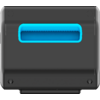 Dark gray rectangular plastic object with a centered turquoise rectangular recessed opening near the top and two small black triangular elements at the bottom