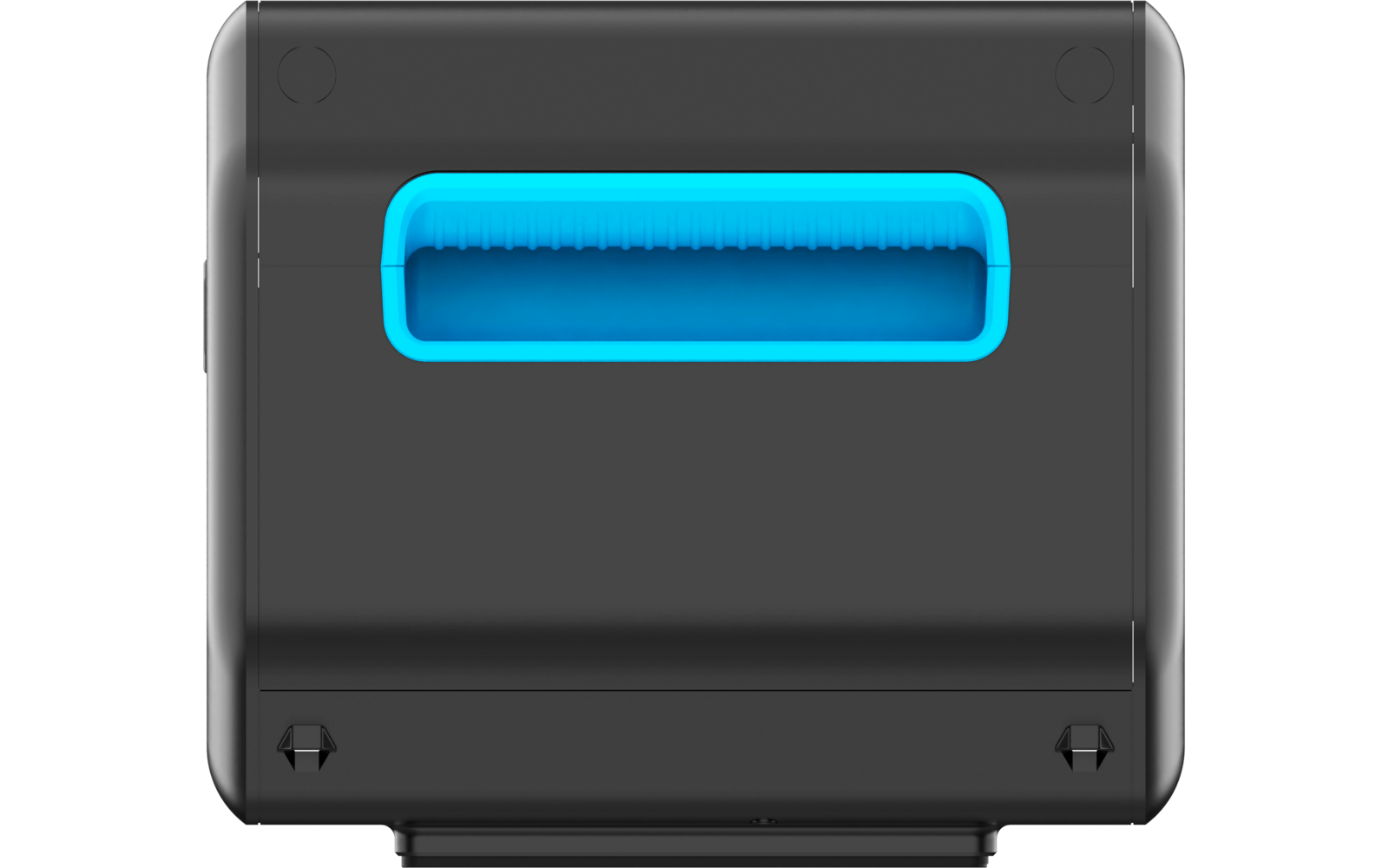 Dark gray rectangular plastic object with a centered turquoise rectangular recessed opening near the top and two small black triangular elements at the bottom