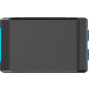 Flat black rectangular object with rounded corners and thin border, turquoise accent strips on left and right on a white background