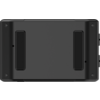 Black rectangular device with two elongated dark rubber strips in the center, four hexagonal recesses at the corners, two small round holes on the surface, and two protruding rectangular elements on the right edge