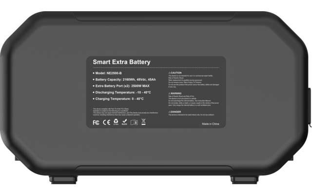 Black rounded-rectangle battery housing with a central label 'Smart Extra Battery', small technical text and certification marks