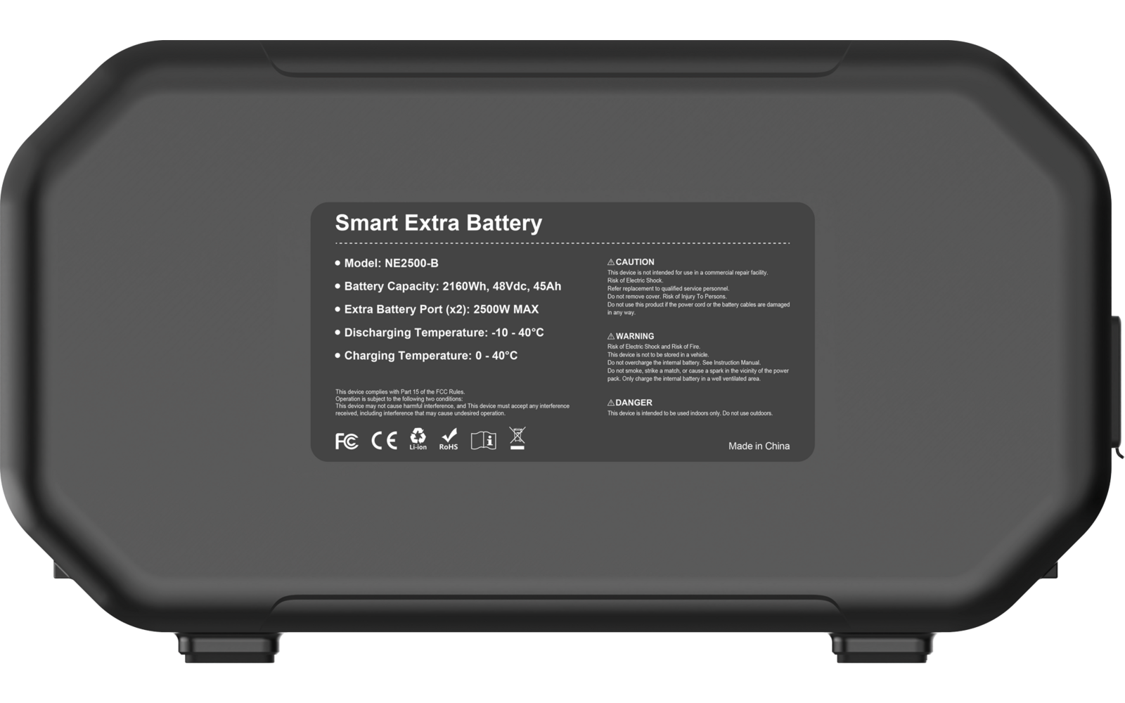 Black rounded-rectangle battery housing with a central label 'Smart Extra Battery', small technical text and certification marks