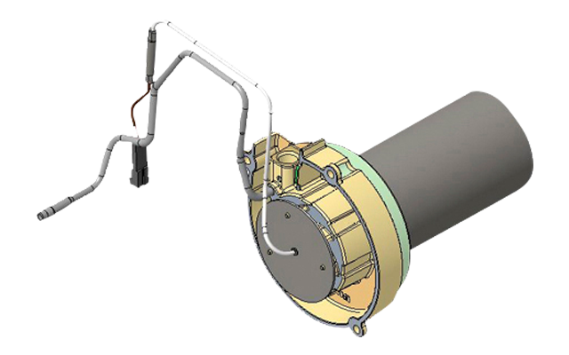 Grauer zylindrischer Körper mit rundem goldfarbenem Deckel, daran befestigte Kabel mit Steckverbindern und ein gelber Stecker
