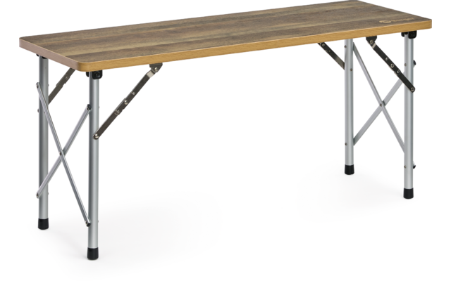 Lange rechthoekige tafel met lichtbruin houten blad en zilverkleurige inklapbare metalen poten met zwarte kunststofdoppen