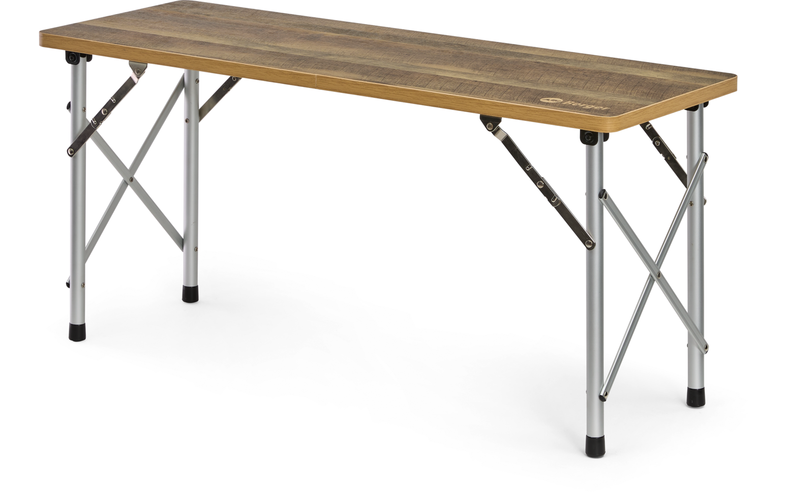 Rechthoekige tafel met bruin houten blad en zilverkleurige opvouwbare metalen poten, zwarte rubberen voetkappen