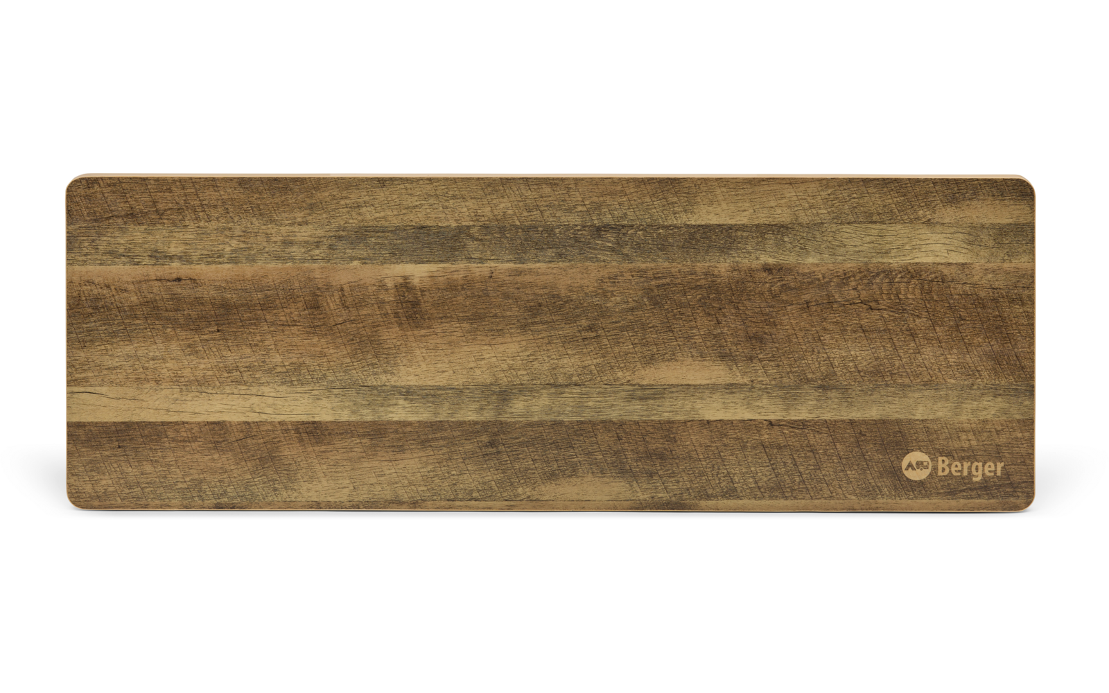 Rechthoekig houten plank met afgeronde hoeken, zichtbare houtnerf en klein rond logo rechtsonder