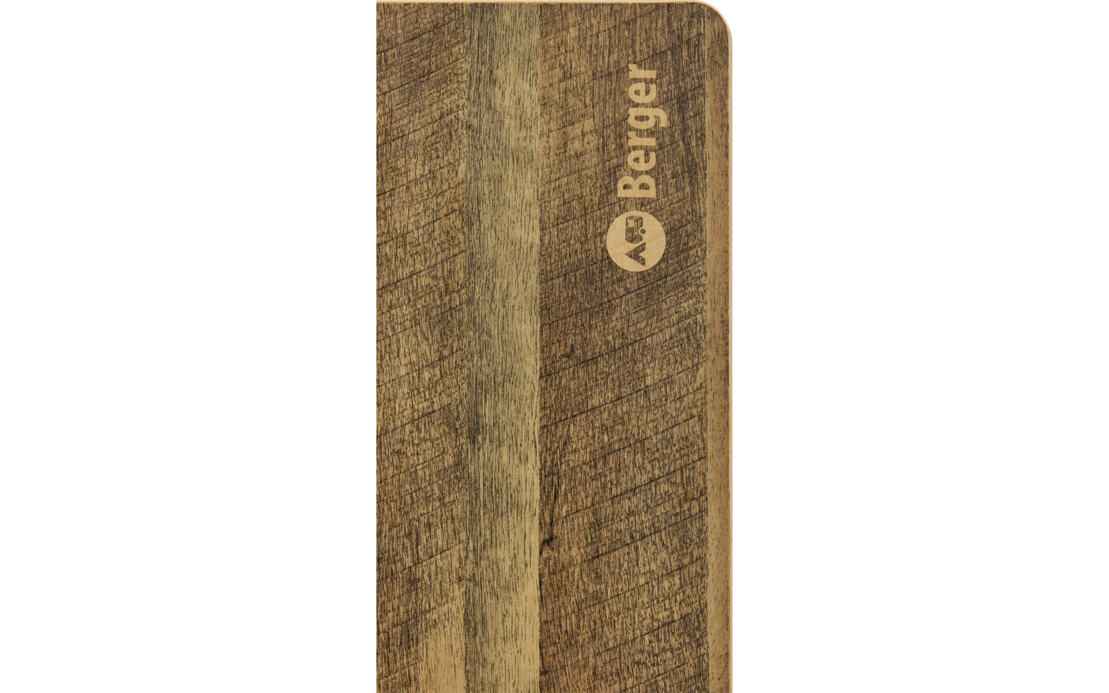 Houten oppervlak met zichtbare nerf, verticaal 'Berger'-logo en rond embleem bij de rechterrand, rechtsbovenhoek afgerond