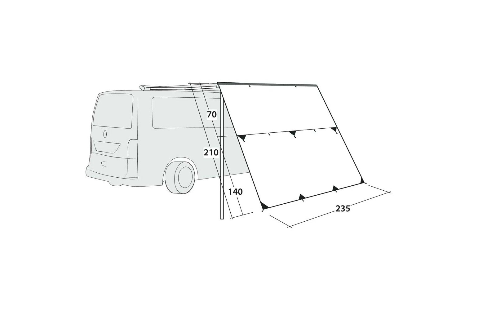 Dessin linéaire d'une camionnette avec une toile rectangulaire inclinée fixée sur le côté, soutenue par un poteau incliné ; étiquettes sur le poteau : '70', '210', '140' et sur le bord au sol : '235'