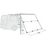 Dessin linéaire d'une camionnette avec une toile rectangulaire inclinée fixée sur le côté, soutenue par un poteau incliné ; étiquettes sur le poteau : '70', '210', '140' et sur le bord au sol : '235'