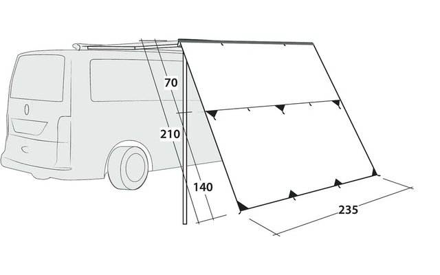 Dessin linéaire d'une camionnette avec une toile rectangulaire inclinée fixée sur le côté, soutenue par un poteau incliné ; étiquettes sur le poteau : '70', '210', '140' et sur le bord au sol : '235'