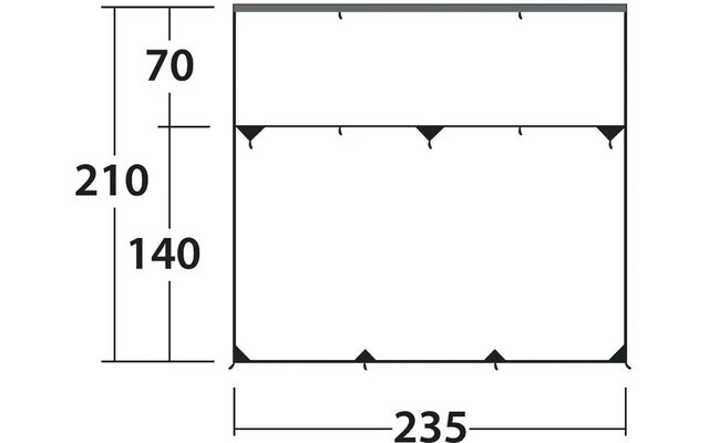 Rectangle avec lignes de cote et chiffres : à gauche vertical 210, divisé en 70 en haut et 140 en dessous ; en bas horizontal 235 ; petits triangles noirs aux angles et le long des bords supérieur et inférieur