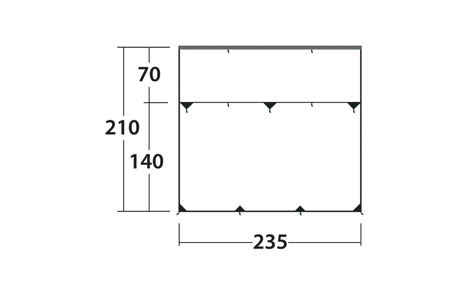 Rectangle avec lignes de cote et chiffres : à gauche vertical 210, divisé en 70 en haut et 140 en dessous ; en bas horizontal 235 ; petits triangles noirs aux angles et le long des bords supérieur et inférieur