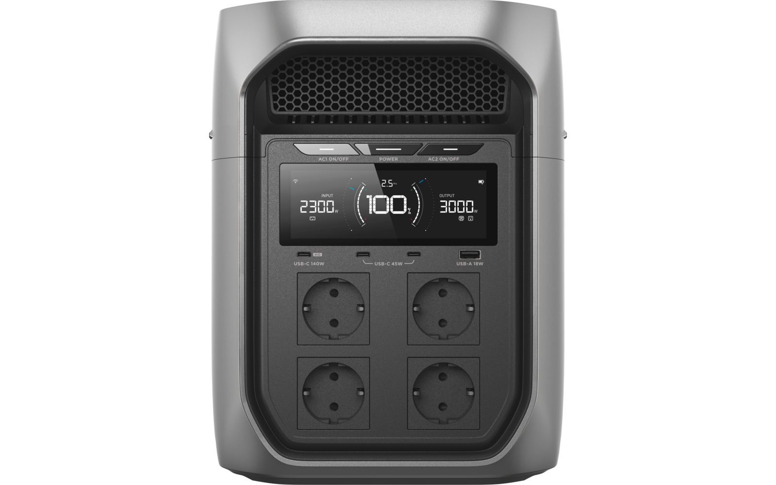 Graues Gerät, Vorderseite mit schwarzem Display (Zahlen 2300, 100, 3000) und vier runden Steckdosen