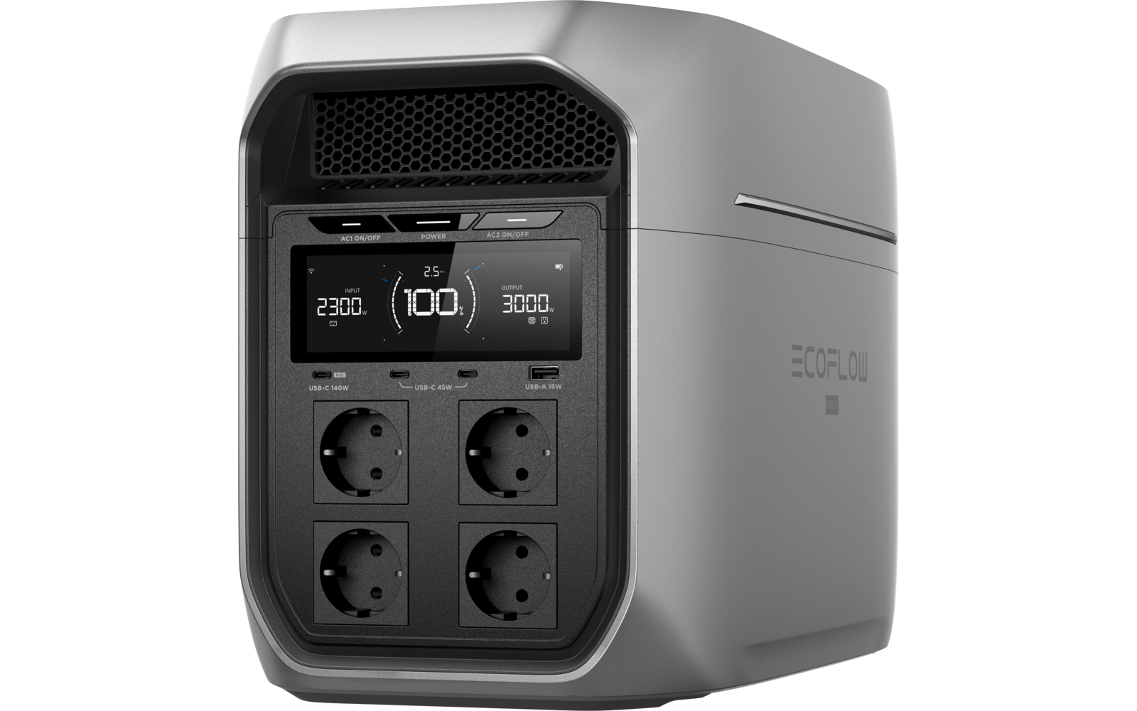 Graues tragbares Gerät mit Display '100', vier runden Steckdosen und Schriftzug 'ECOFLOW'