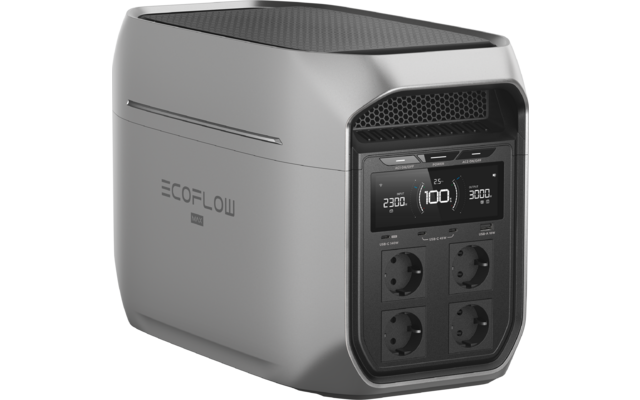 Graues, abgerundetes Gerät mit Lüftung oben, Frontdisplay mit Zahlen und vier runden Steckdosen; seitlich Schriftzug 'ECOFLOW'