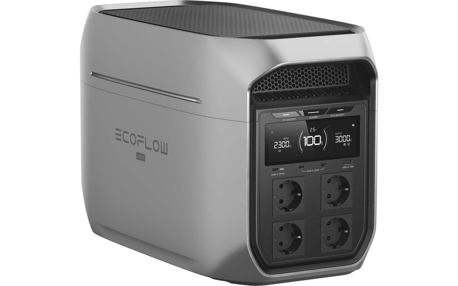 Graues, abgerundetes Gerät mit Lüftung oben, Frontdisplay mit Zahlen und vier runden Steckdosen; seitlich Schriftzug 'ECOFLOW'