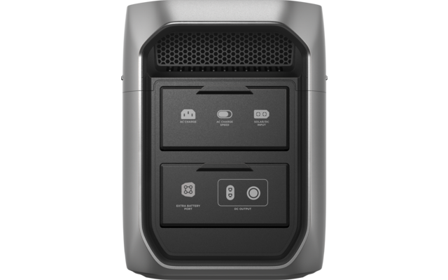 Vorderansicht eines tragbaren Stromspeichers mit zwei versenkten rechteckigen Bedienfeldern. Oberes Feld zeigt drei Symbole: Steckdose, USB‑C und Solareingang. Unteres Feld zeigt zwei Symbole: Anschluss für Zusatzbatterie und DC‑Ausgang mit rundem An