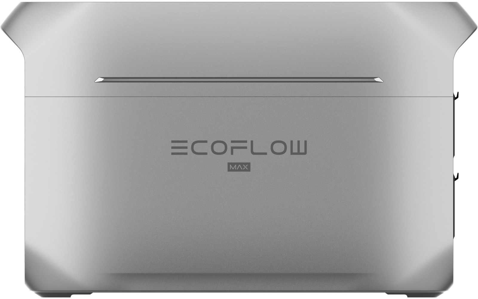 Silbernes, rechteckiges Gehäuse mit abgerundeten Ecken, mittig der Schriftzug 'ECOFLOW' und darunter 'MAX', oben zwei schmale Einkerbungen