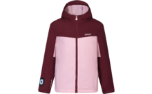 Veste à capuche bicolore (bordeaux, rose clair) avec fermeture éclair intégrale, logo sur la poitrine gauche et petit patch sur la manche gauche