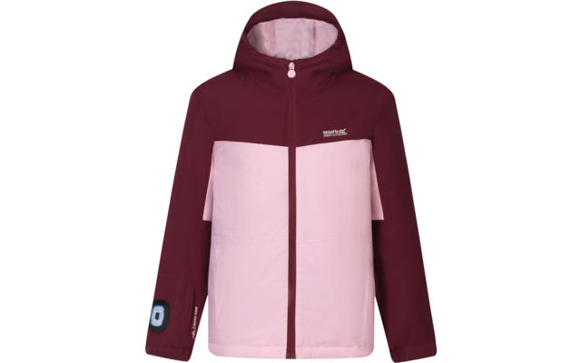 Veste à capuche bicolore (bordeaux, rose clair) avec fermeture éclair intégrale, logo sur la poitrine gauche et petit patch sur la manche gauche