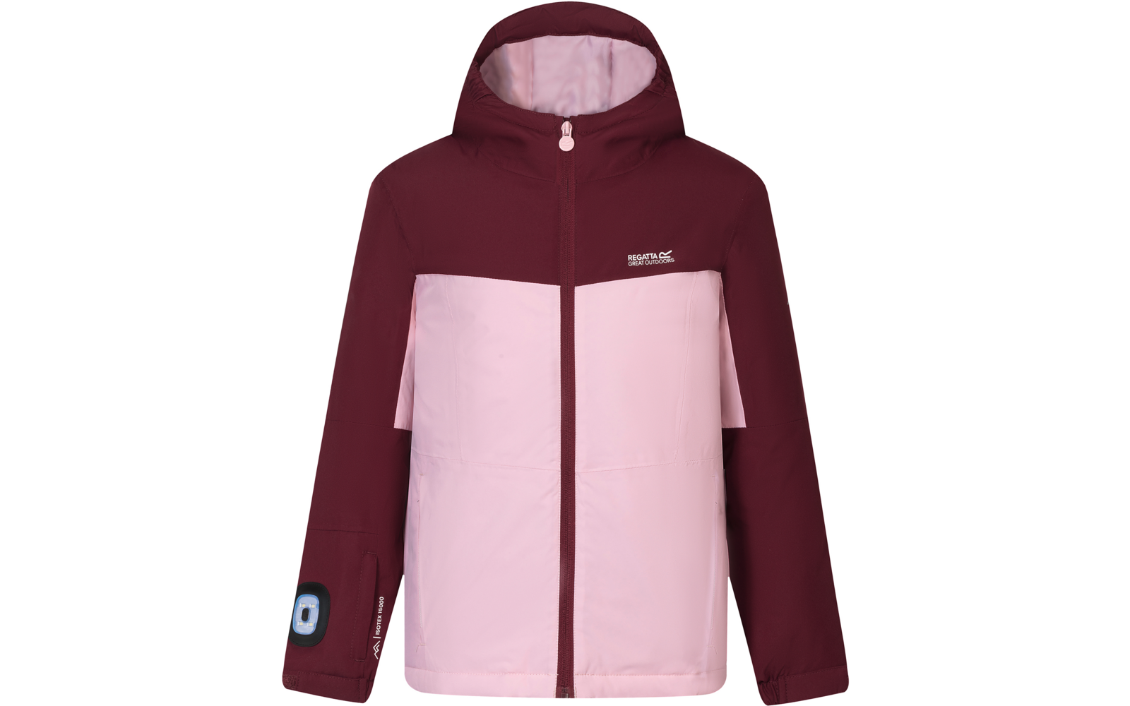 Veste à capuche bicolore (bordeaux, rose clair) avec fermeture éclair intégrale, logo sur la poitrine gauche et petit patch sur la manche gauche