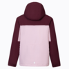 Vue de dos d'une veste à capuche bicolore : capuche, épaules et manches bordeaux, panneau arrière rose clair, poignets élastiques, petit logo blanc carré centré en bas