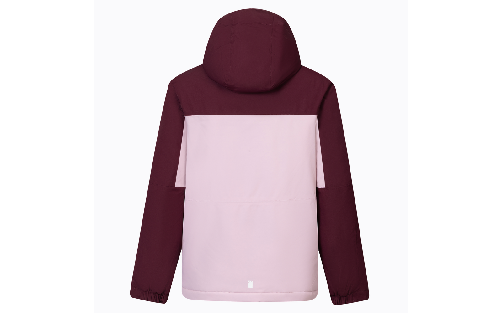 Vue de dos d'une veste à capuche bicolore : capuche, épaules et manches bordeaux, panneau arrière rose clair, poignets élastiques, petit logo blanc carré centré en bas