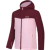 Veste à capuche bicolore : bordeaux foncé en haut et rose clair en bas, fermeture éclair centrale sur toute la longueur, deux poches latérales zippées, logos visibles sur la poitrine et la manche