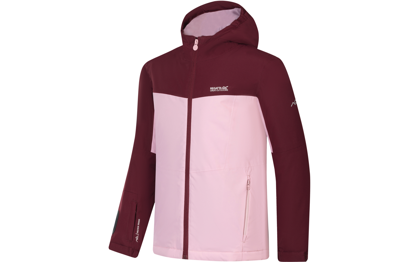 Veste à capuche bicolore : bordeaux foncé en haut et rose clair en bas, fermeture éclair centrale sur toute la longueur, deux poches latérales zippées, logos visibles sur la poitrine et la manche