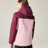 Personne de dos portant une veste bicolore (haut bordeaux foncé, bas rose clair) avec capuche, bord de jupe noire visible, arrière-plan uni clair