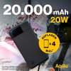 Een powerbank met 20.000 mAh en 20W vermogen, omringd door lichtsnoeren