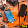 Smartphone met vergrendelscherm, naast een zonnebril, camera, pen en oplader op een oranje achtergrond