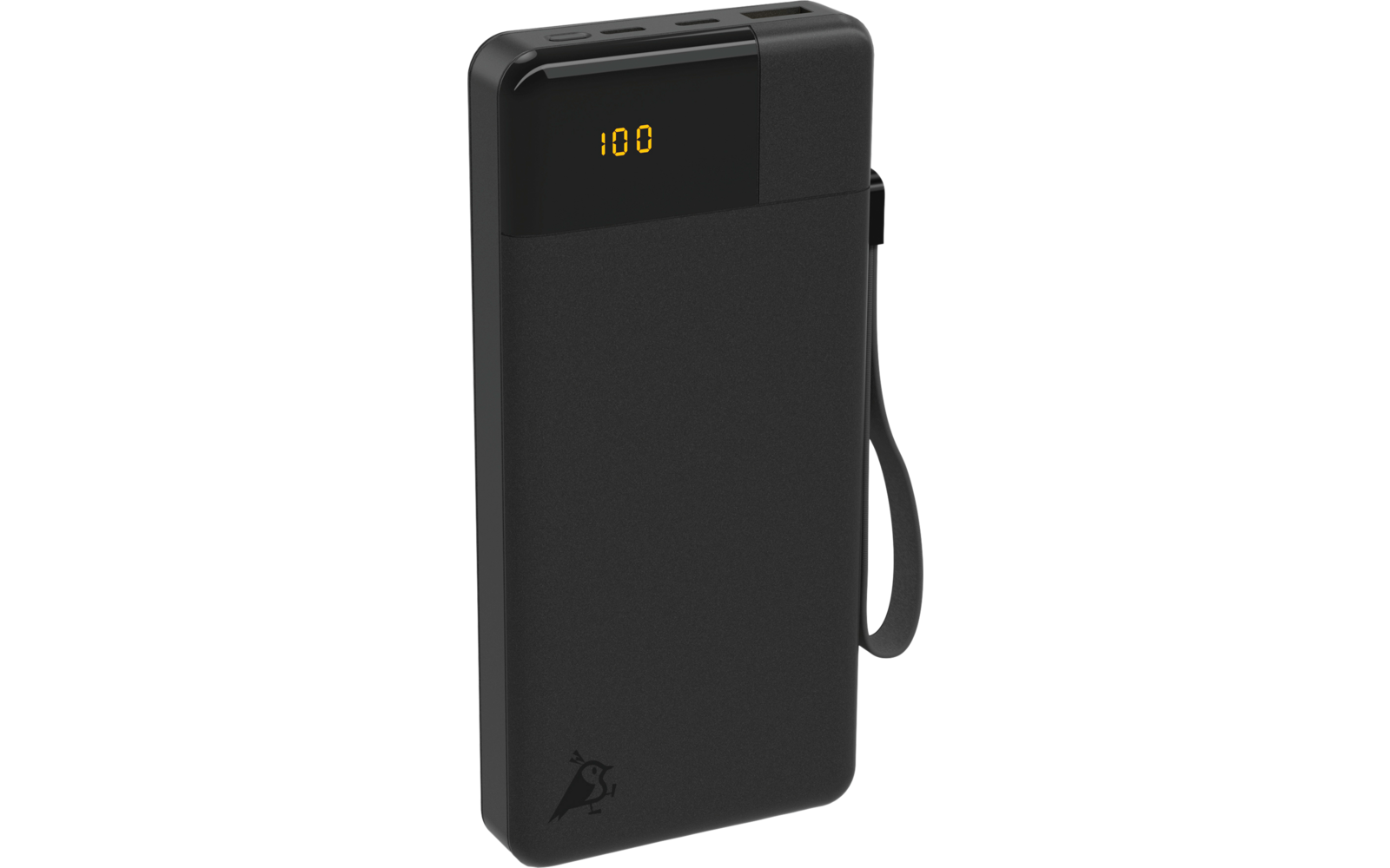 Zwarte draagbare powerbank met digitale display en draagriem