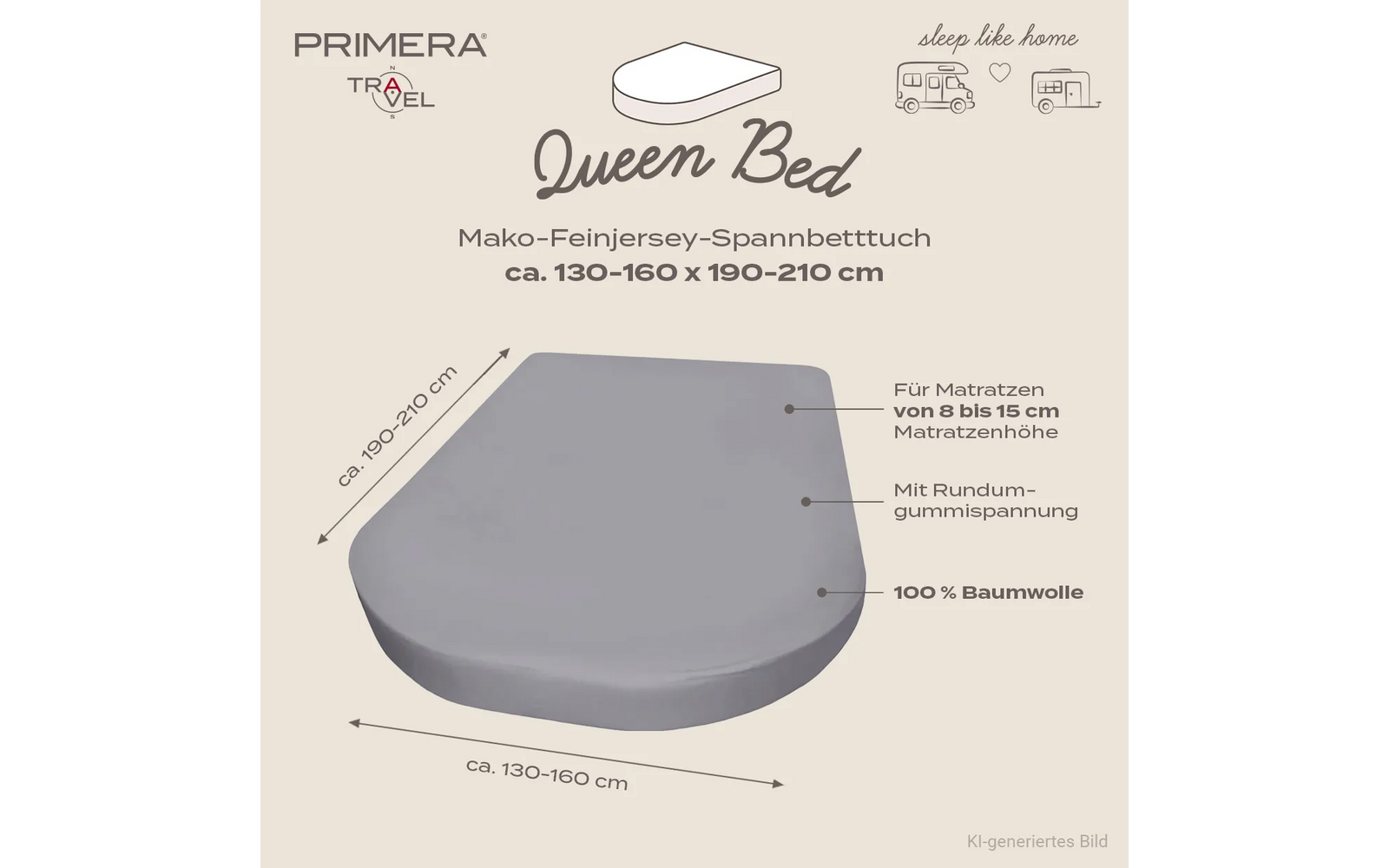 Grijs hoeslaken op afgeplatte rechthoekige matras; zichtbare tekst: "Queen Bed", "ca. 130–160 x 190–210 cm", "Für Matratzen von 8 bis 15 cm", "Mit Rundum-gummispannung", "100% Baumwolle"; merklogo "PRIMERA TRAVEL"; camper-pictogrammen en tekst "sleep like home"; vermelding "KI-generiertes Bild"